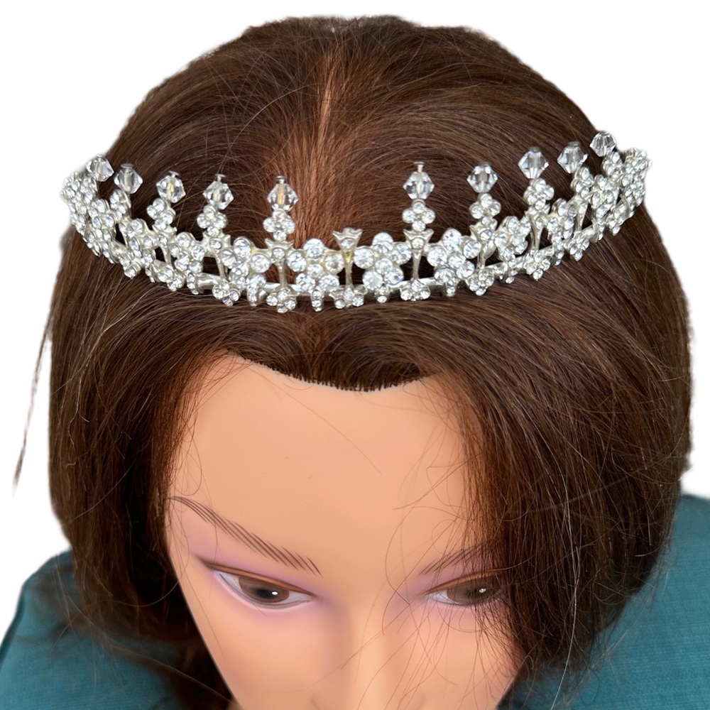 CRYSTALS SILVER PLATED Princess Tiara Headband Bridal Rhinestone Vintage